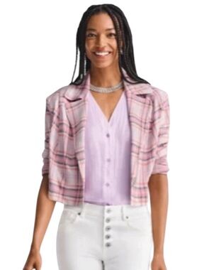 CABI style #6257 Play Date Jacket pink/lavender plaid 1 button crop blazer sz M